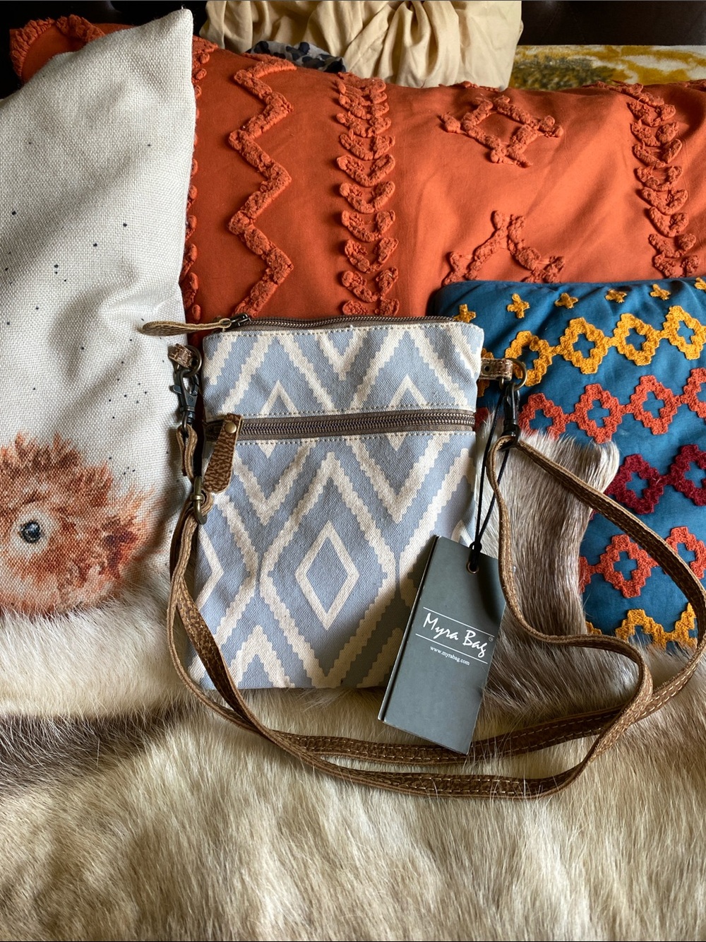 Myra Bag Light Blue & Cream Diamond Pattern Crossbody with Brown Strap
